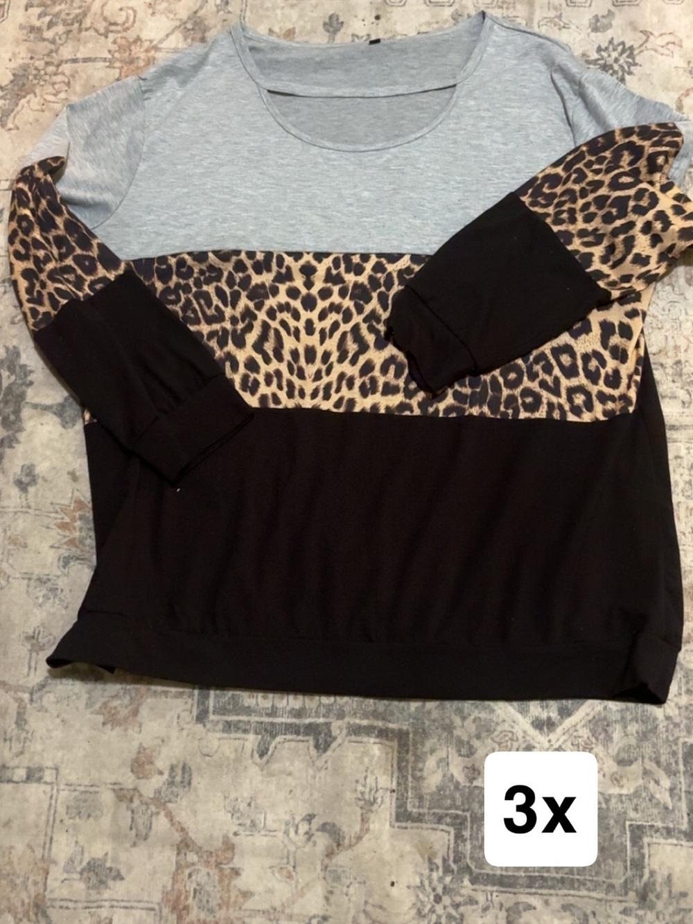 Leopard Colorblock Long Sleeve Top - Black, Tan & Light Gray